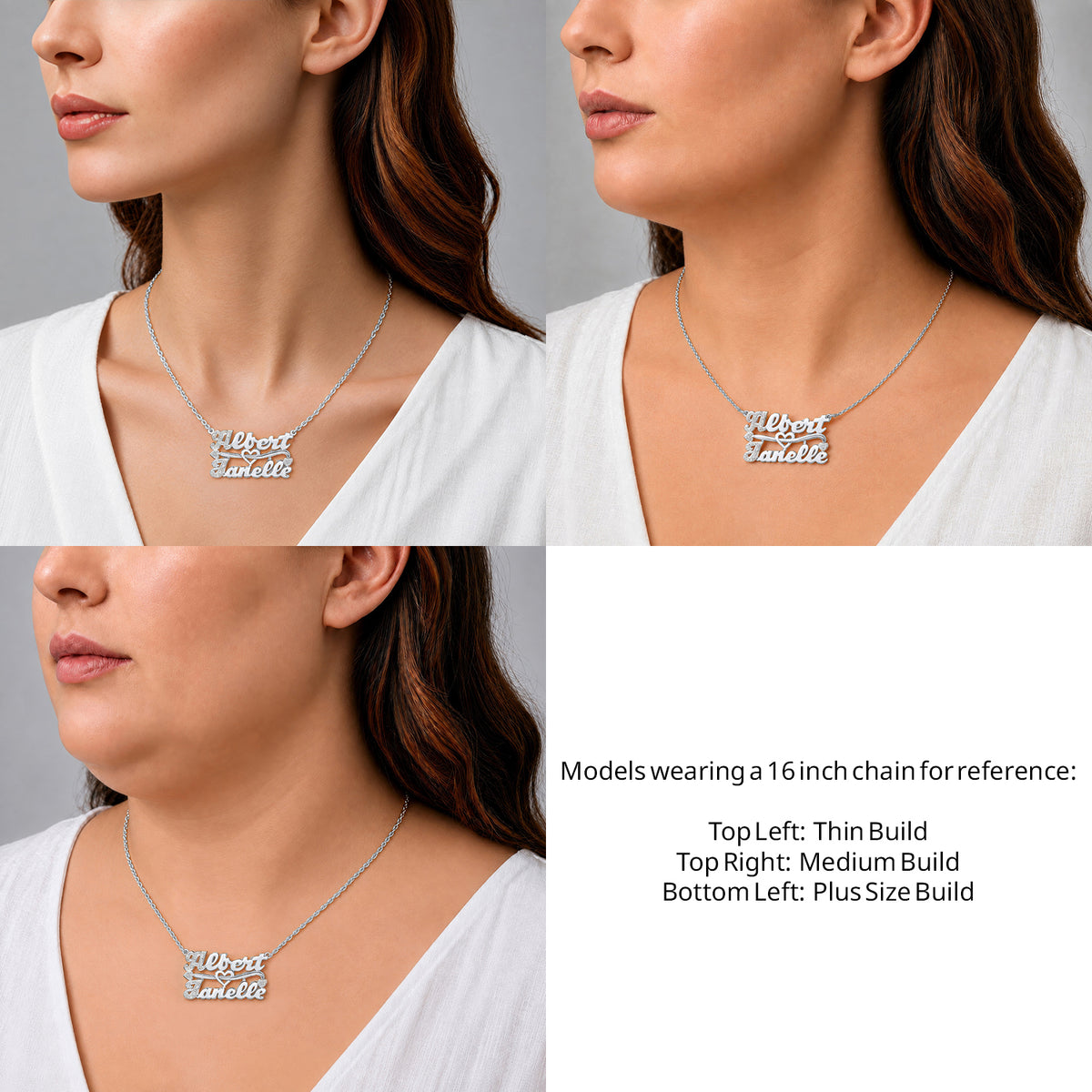 Sterling Silver Two Name 3D Name Necklace on a 16-inch chain shown on thin, medium and plus-size models for size reference – AJ's Jewelry