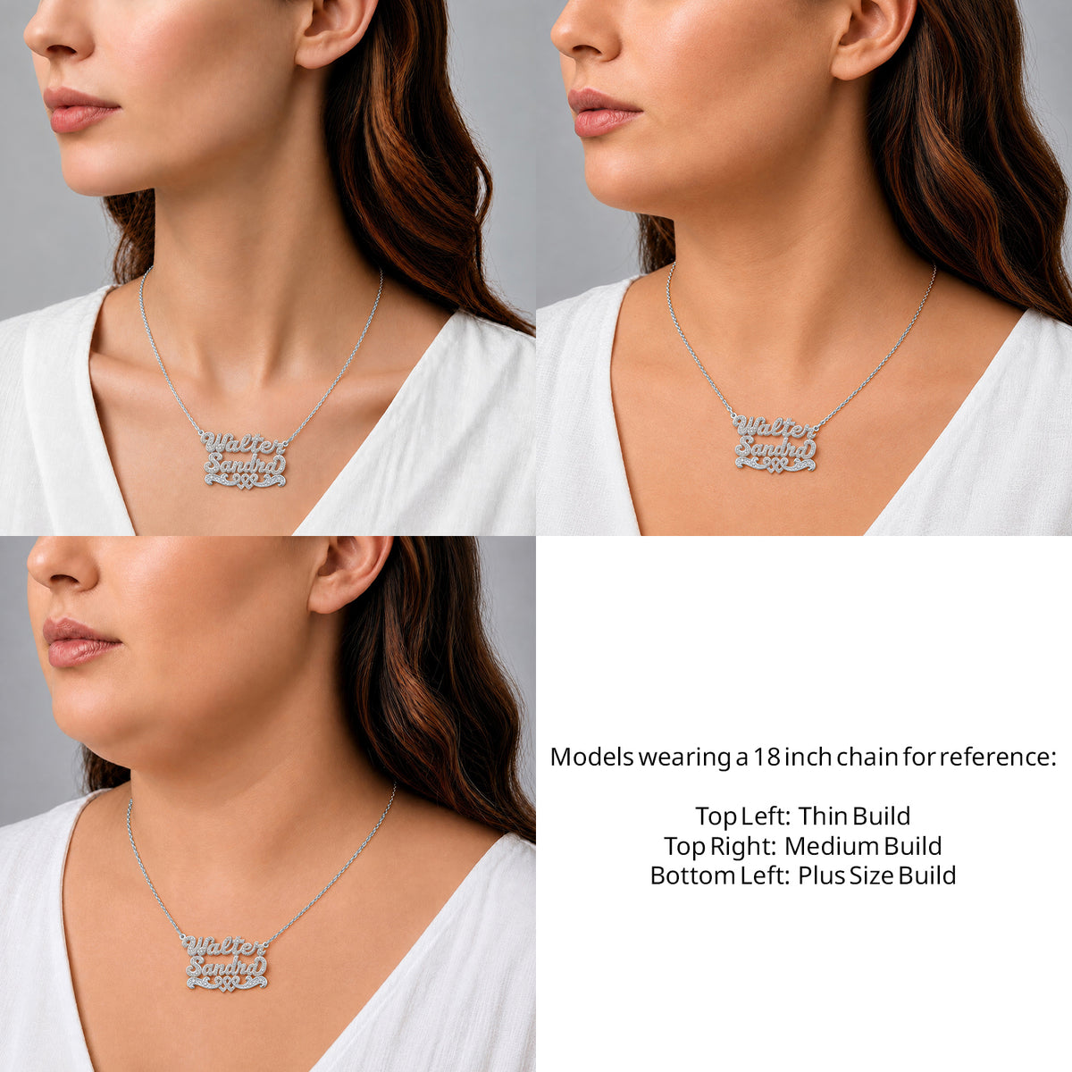 Sterling Silver Two Name 3D Name Necklace with Intertwined Hearts on an 18-inch chain shown on thin, medium and plus-size models for size reference – AJ's Jewelry