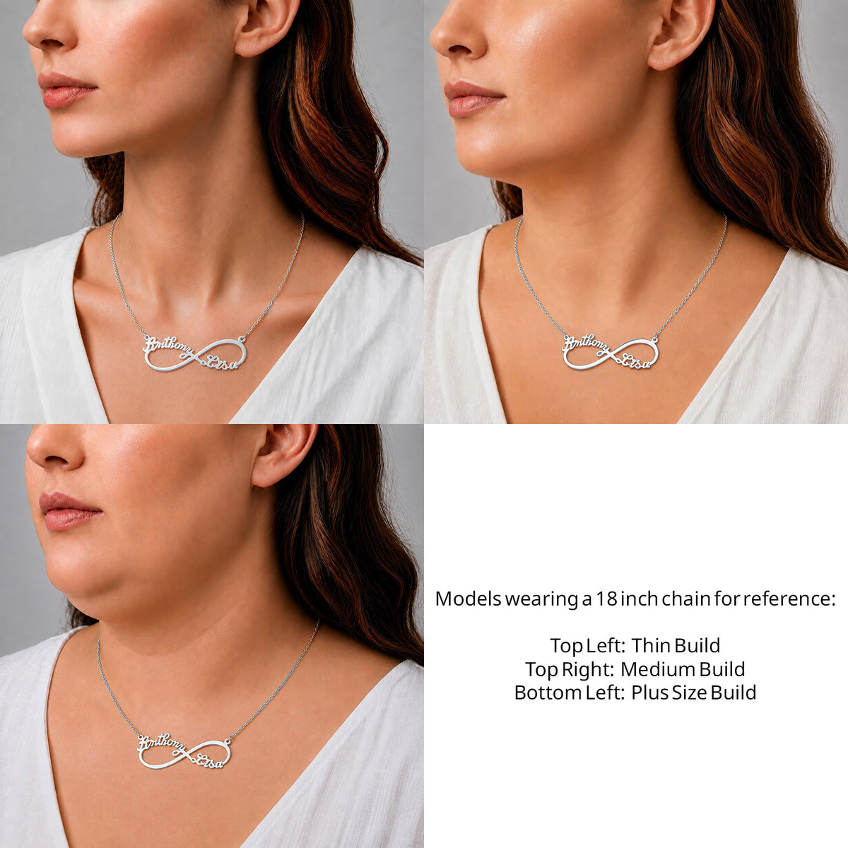 Sterling Silver Two Name Infinity Name Necklace on an 18-inch chain shown on thin, medium and plus-size models for size reference – AJ's Jewelry