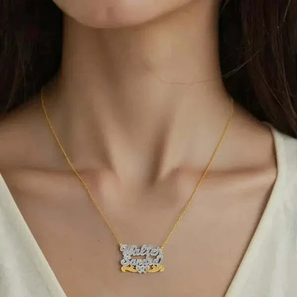 14 Karat Two Name 3D Name Necklace with Intertwined Hearts