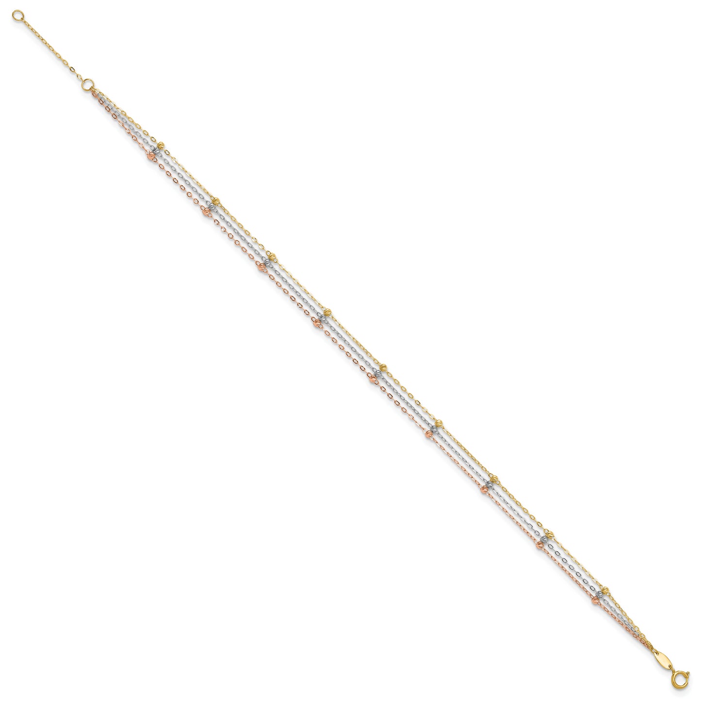 10k Tri-color 3-Strand Diamond-cut Beaded 9in Plus 1in ext Anklet