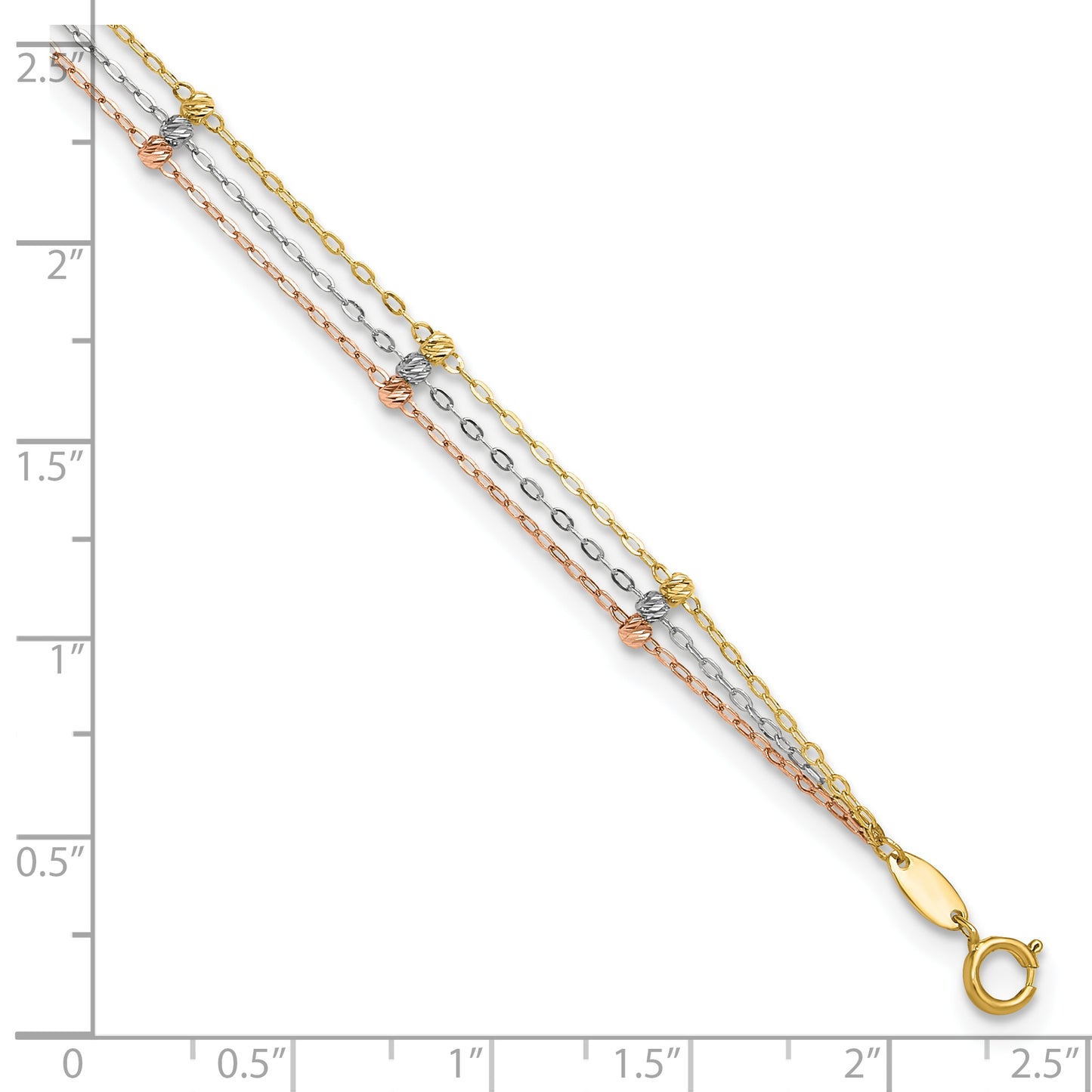 10k Tri-color 3-Strand Diamond-cut Beaded 9in Plus 1in ext Anklet