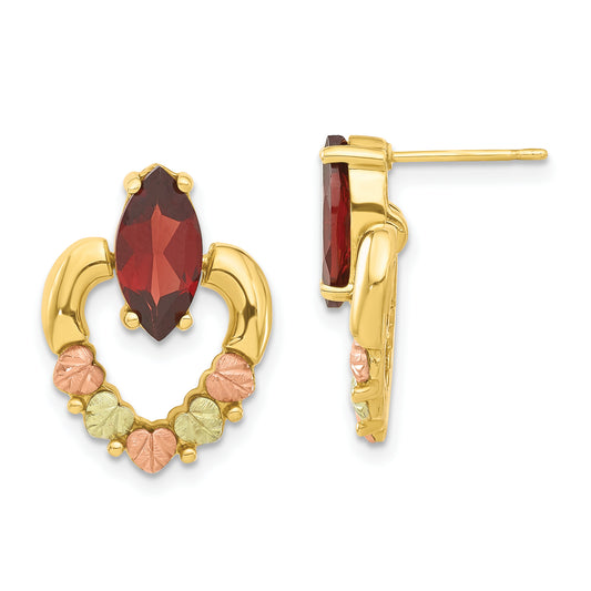 10k Tri-color Black Hills Gold Leaf Heart Garnet Dangle Earrings