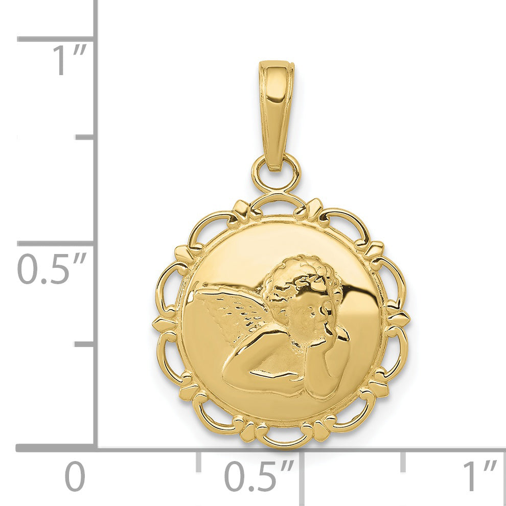 10K Gold Polished Angel/Cherub on Round Scallop Frame Pendant