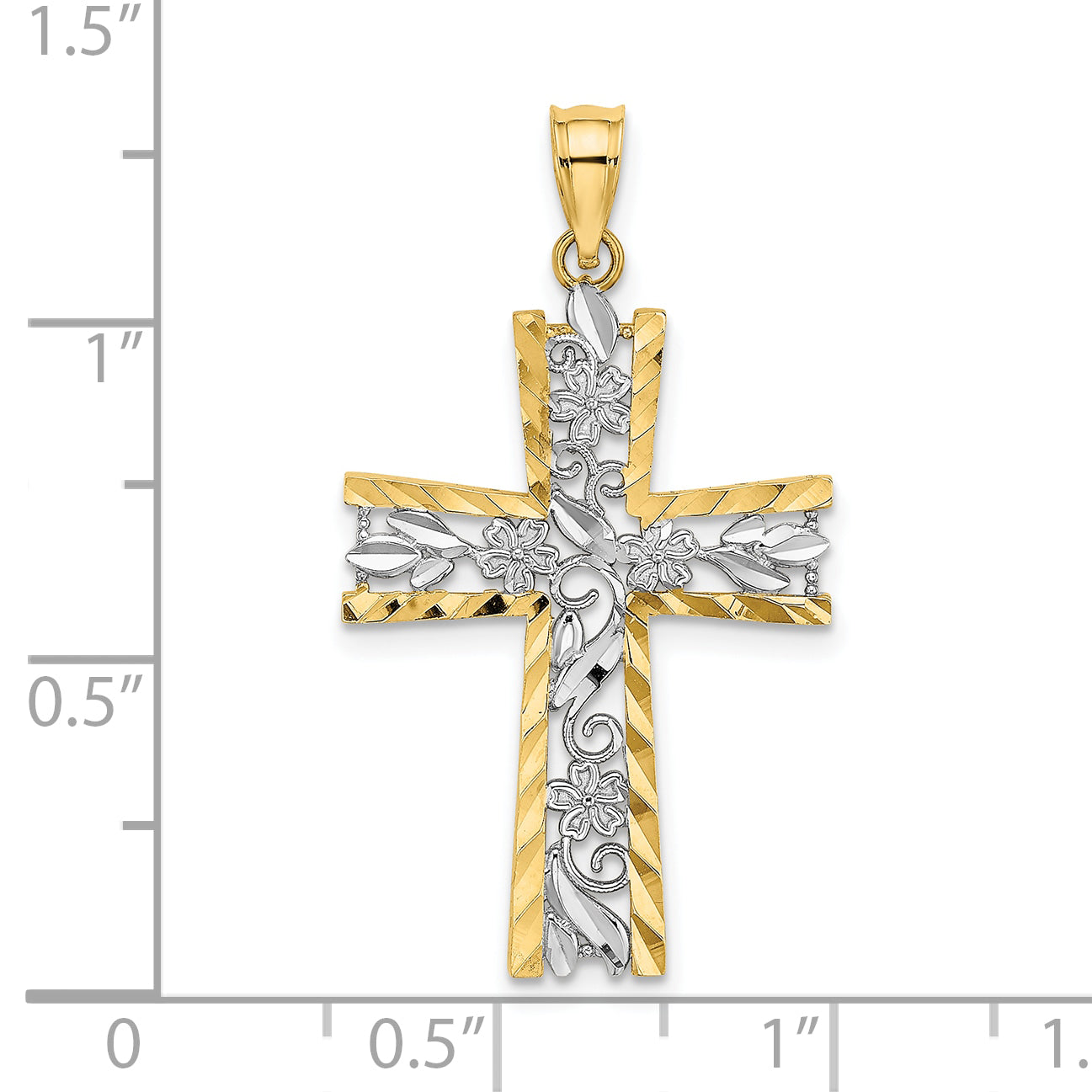 10K with Rhodium and D/C Flower Design Cross Charm