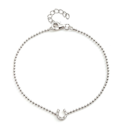 Sterling Silver 9.5+1in with ext. Rhodium-plated CZ Mini Horseshoe Anklet