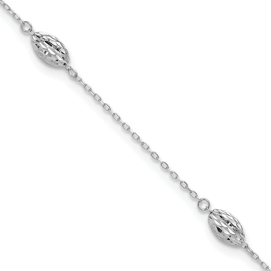 14k White Gold Puffed Rice Bead 9in Plus 1in ext. Anklet