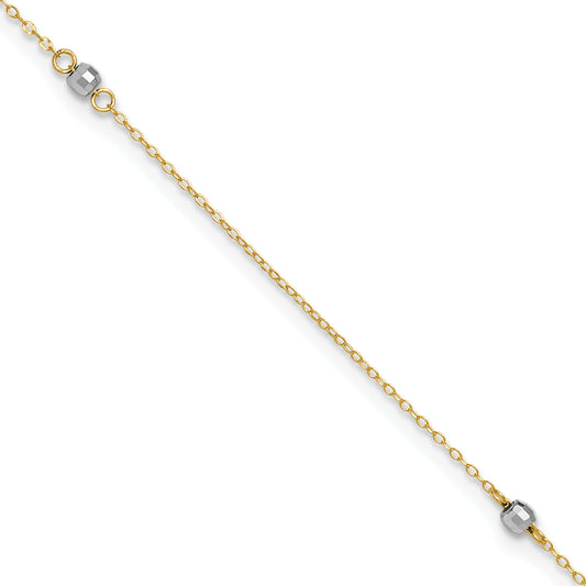 14k Two-tone Mirror Bead 10in Plus 1in ext. Anklet
