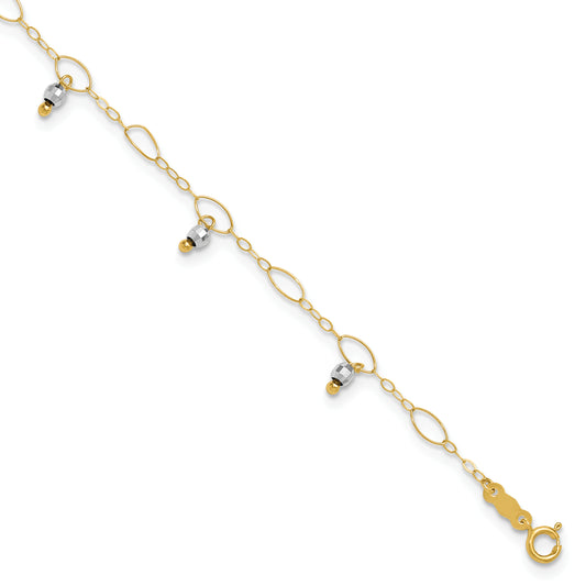 14K Two-Tone Mirror Beaded 9in Plus 1in ext. Anklet