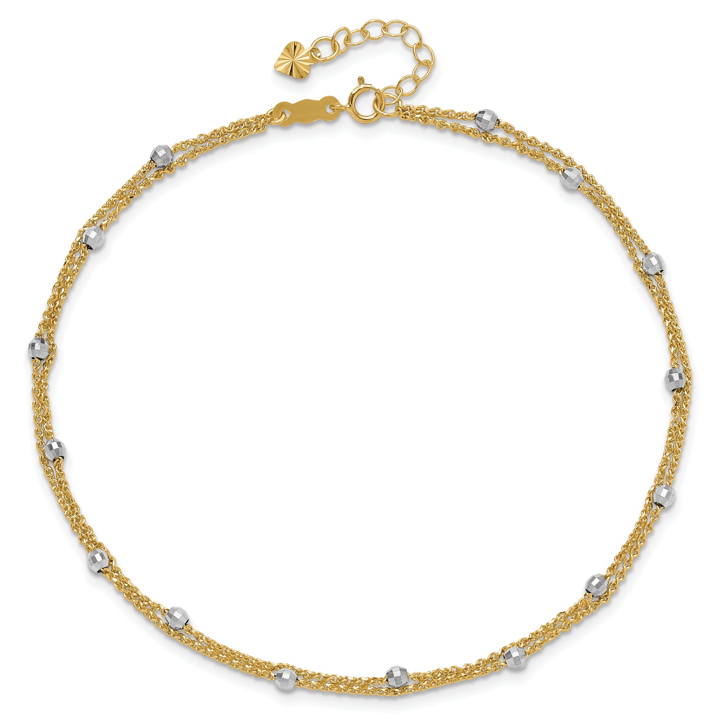 14K Two-tone 2 Stand Spiga Mirror Beads 9in Plus 1in Ext. Anklet