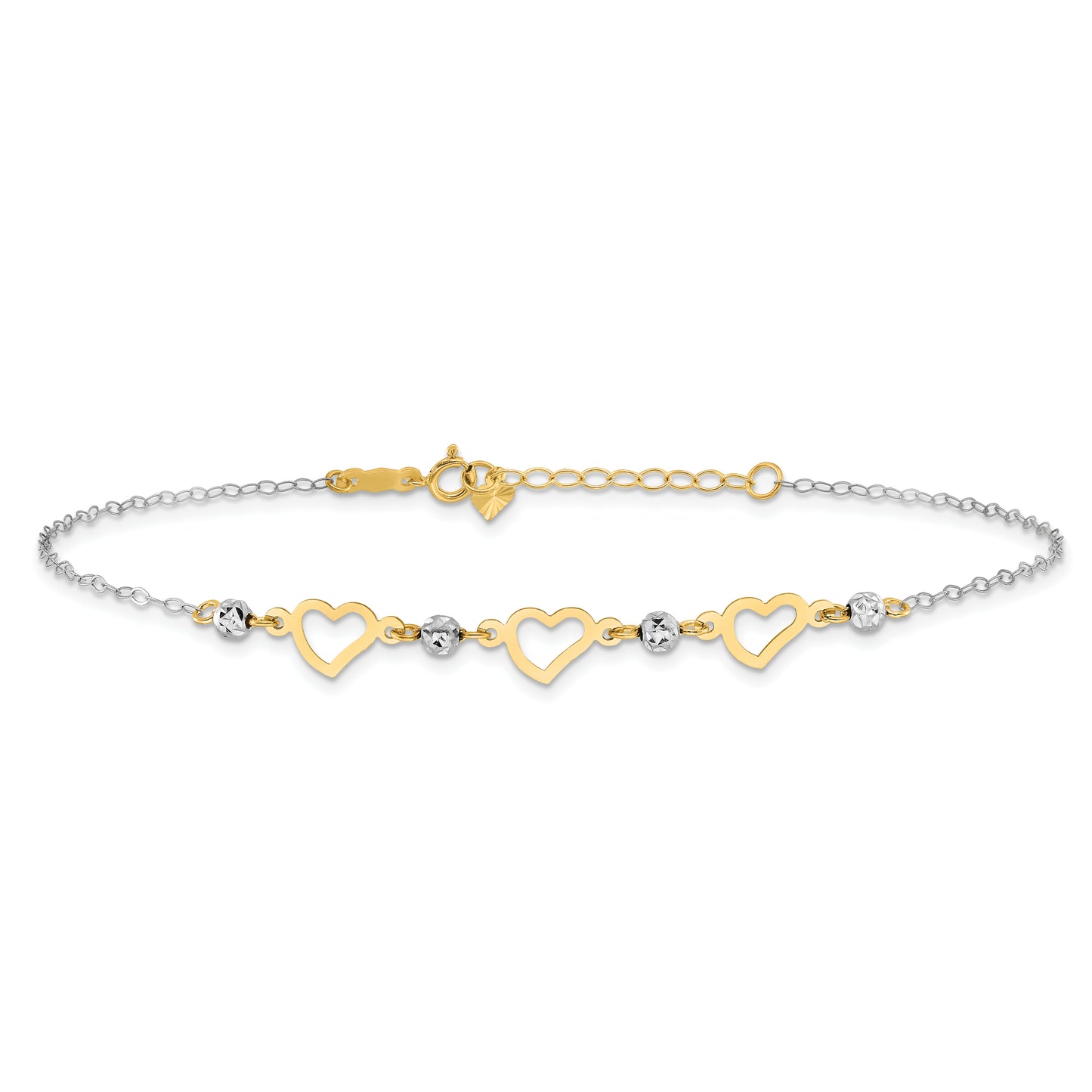 14K Two-tone Oval Link Diamond-cut Beads and Heart 9in Plus 1in Ext Anklet