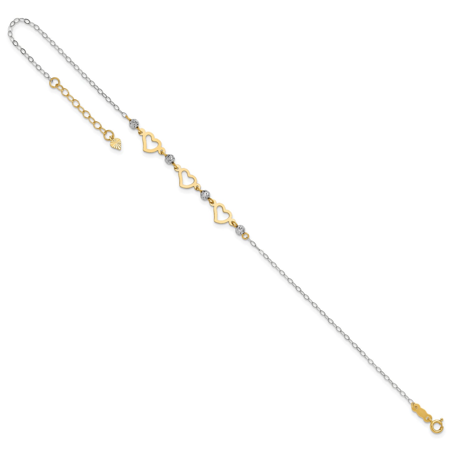 14K Two-tone Oval Link Diamond-cut Beads and Heart 9in Plus 1in Ext Anklet