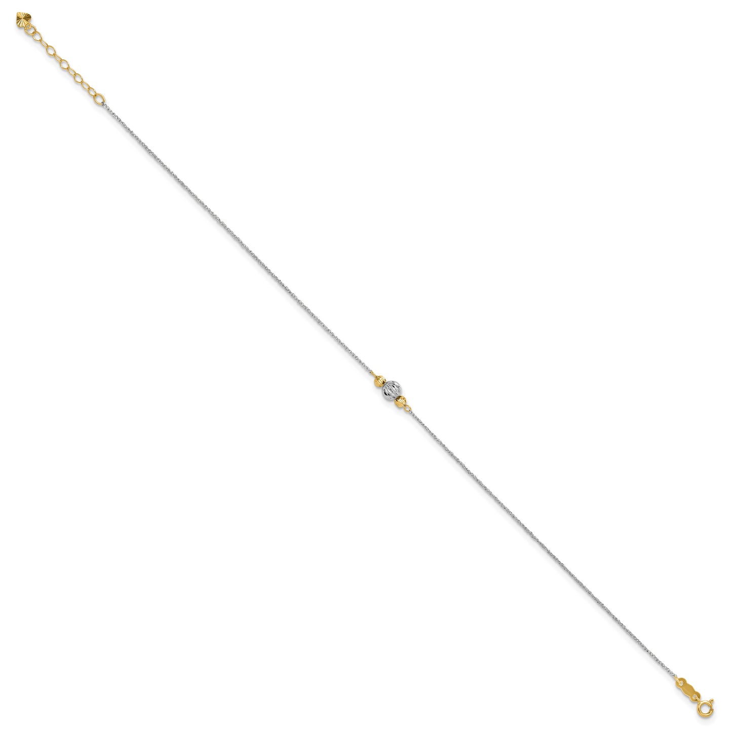 14K White Gold Ropa Two-tone Diamond Cut Bead 9in Plus 1in Ext. Anklet