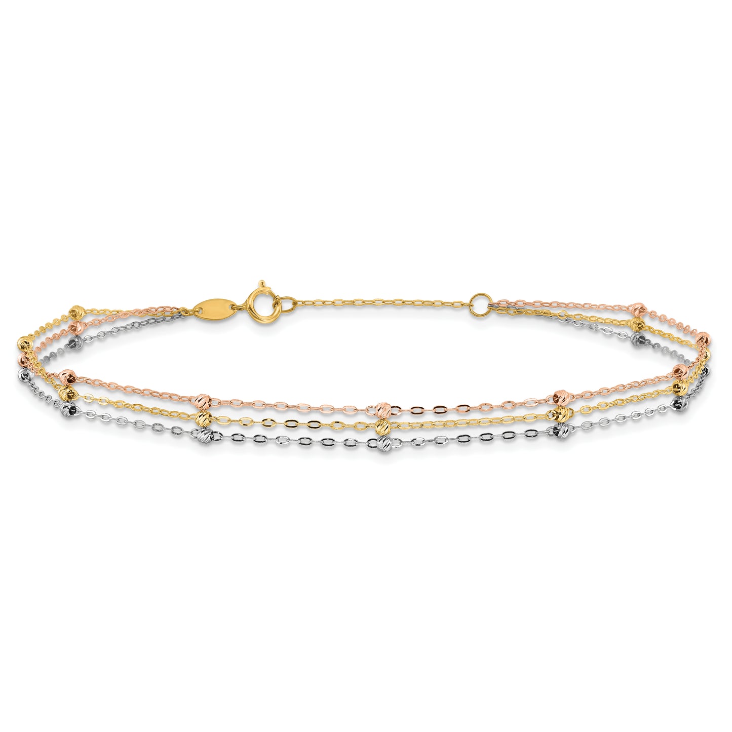 14k Tri-color 3-Strand Diamond-cut Beaded 9in Plus 1in ext Anklet