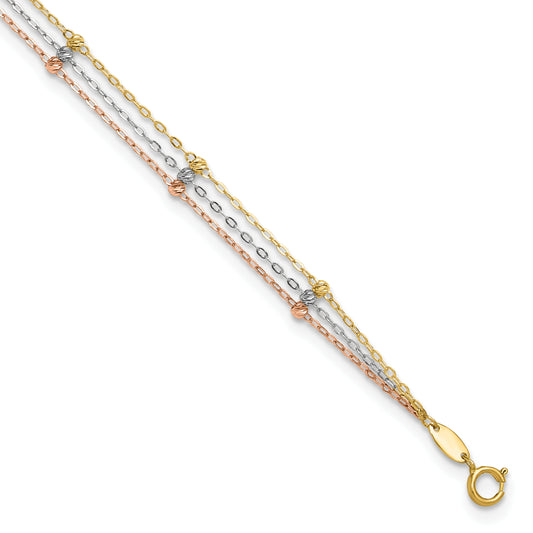 14k Tri-color 3-Strand Diamond-cut Beaded 9in Plus 1in ext Anklet