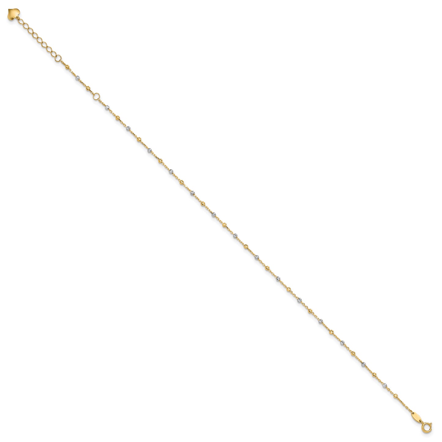 14K Two-tone Polished and Diamond-cut Beads 10in Plus 1in ext. Anklet