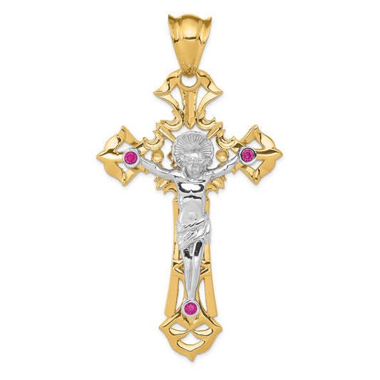 14k Two-tone Polished with Red CZs Crucifix Pendant