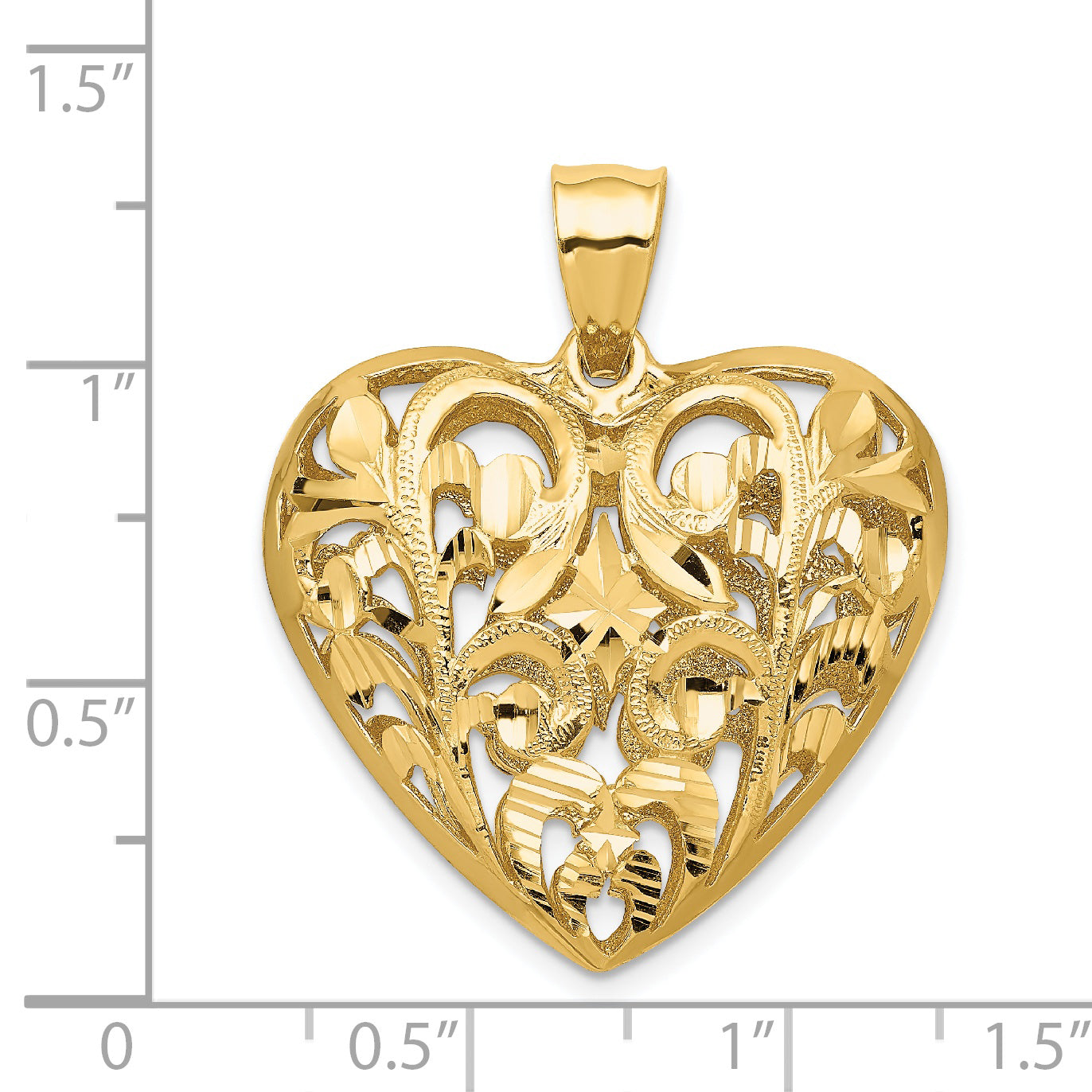14K Polished Diamond-cut Filigree 3-D Heart Pendant