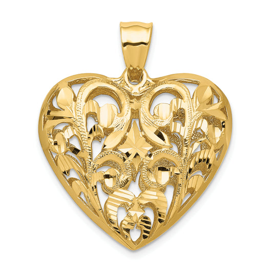 14K Polished Diamond-cut Filigree 3-D Heart Pendant