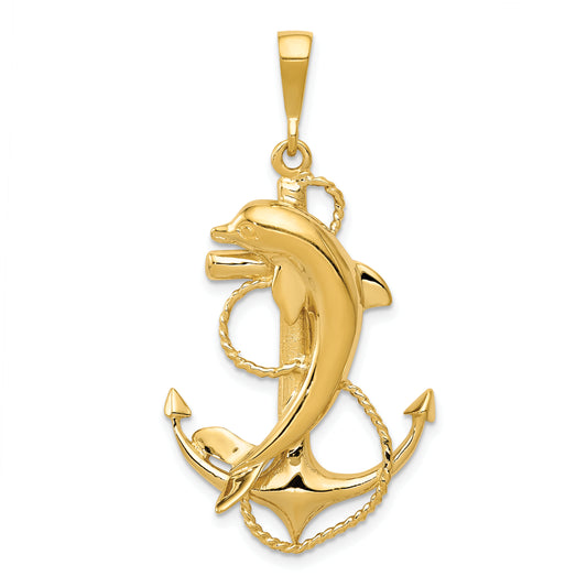 14k Solid Polished Anchor with Dolphin Pendant