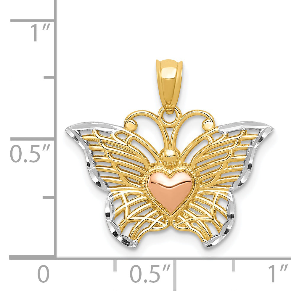 14k Two-tone with White Rhodium Butterflywith Heart Pendant