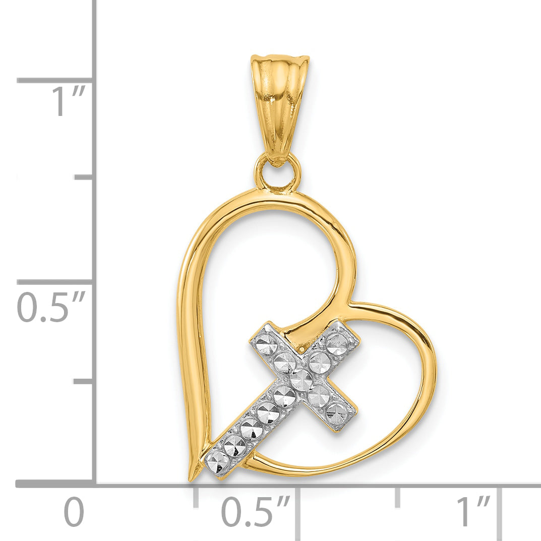 14K and White Rhodium Diamond-cut Cross in Heart Pendant