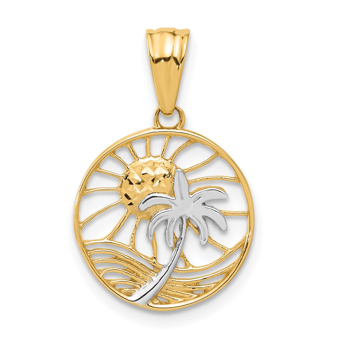 14K with White Rhodium Ocean and Palm Tree Round Pendant