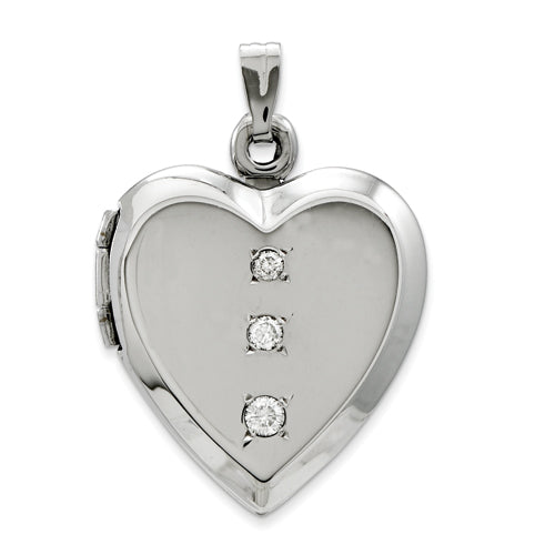 14k White Gold Polished Heart with 3 CZs on Locket Necklace