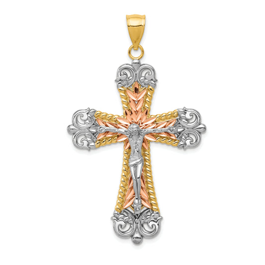 14K Tri-Color with White Rhodium Crucifix Cross Pendant