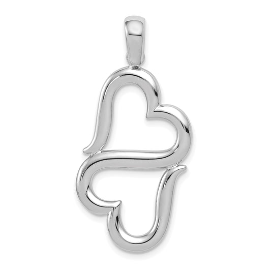 14K White Gold 3-D Solid Double Hanging Hearts Pendant