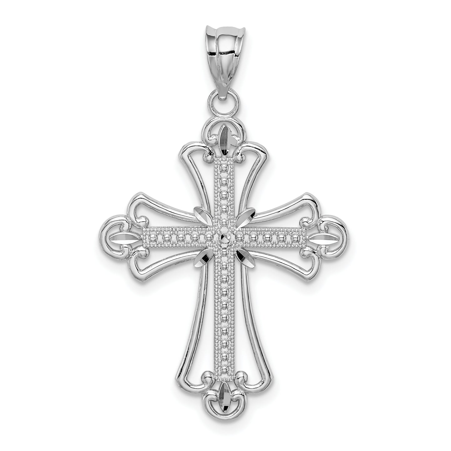 14K White Polished Diamond-cut Textured Cross Pendant