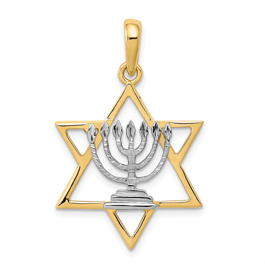 14K with White Rhodium Solid Menorah In Star Of David Charm