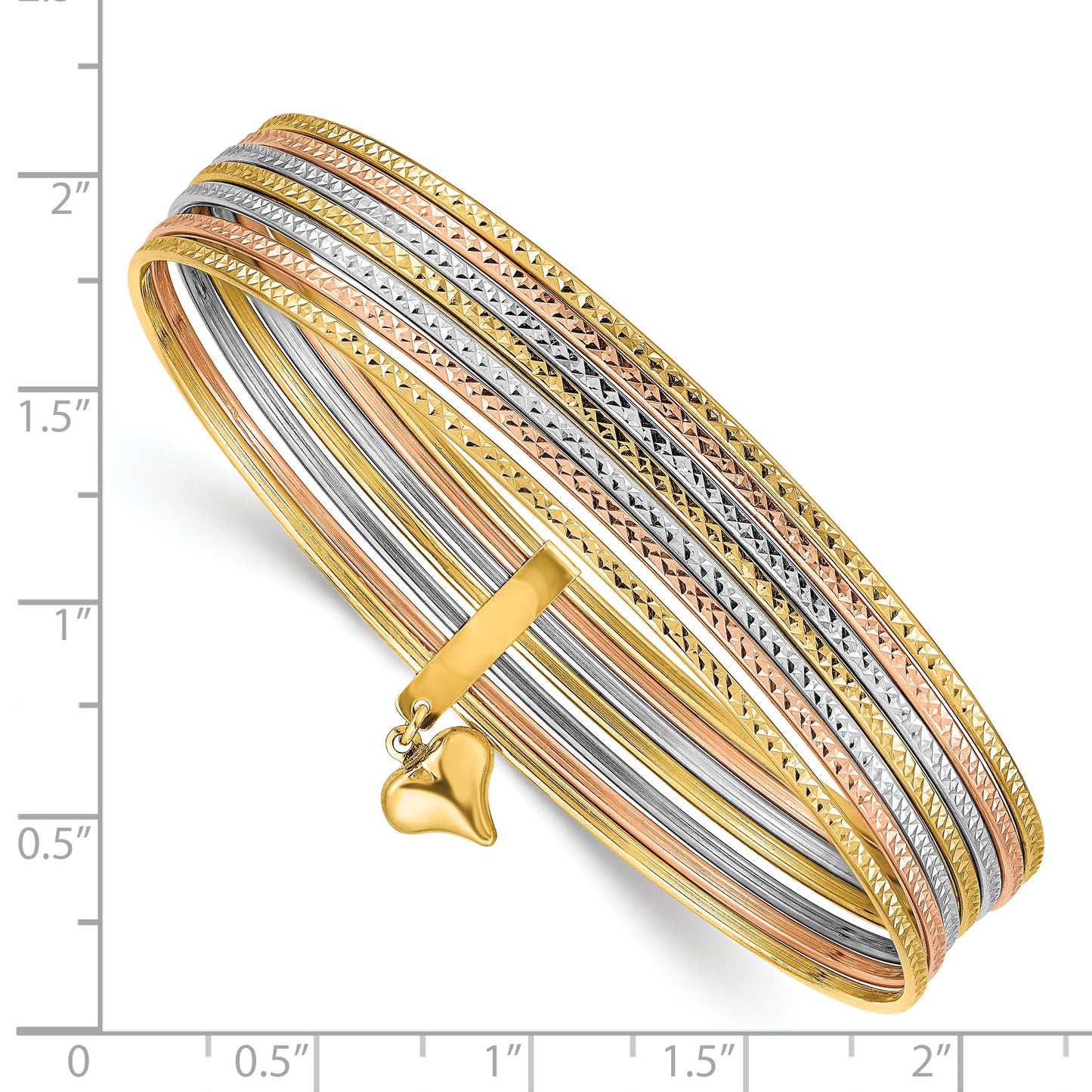 14K with Dangle Heart Tri-color Oversized Set of 7 Textured Slip-on Bangles
