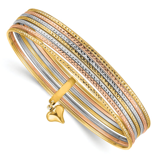 14K with Dangle Heart Tri-color Oversized Set of 7 Textured Slip-on Bangles