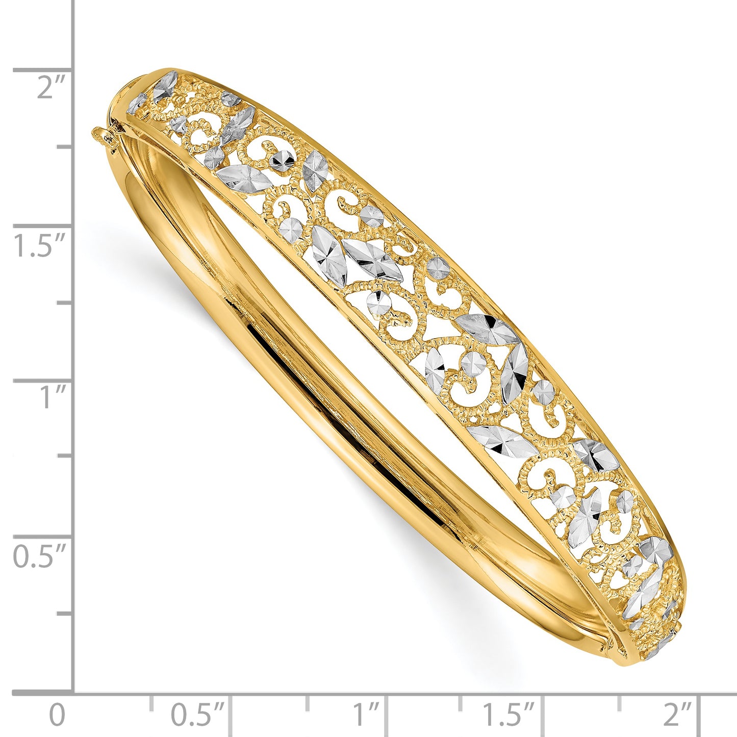 14K with White Rhodium Diamond-cut Graduated Hinged Bangle Bracelet