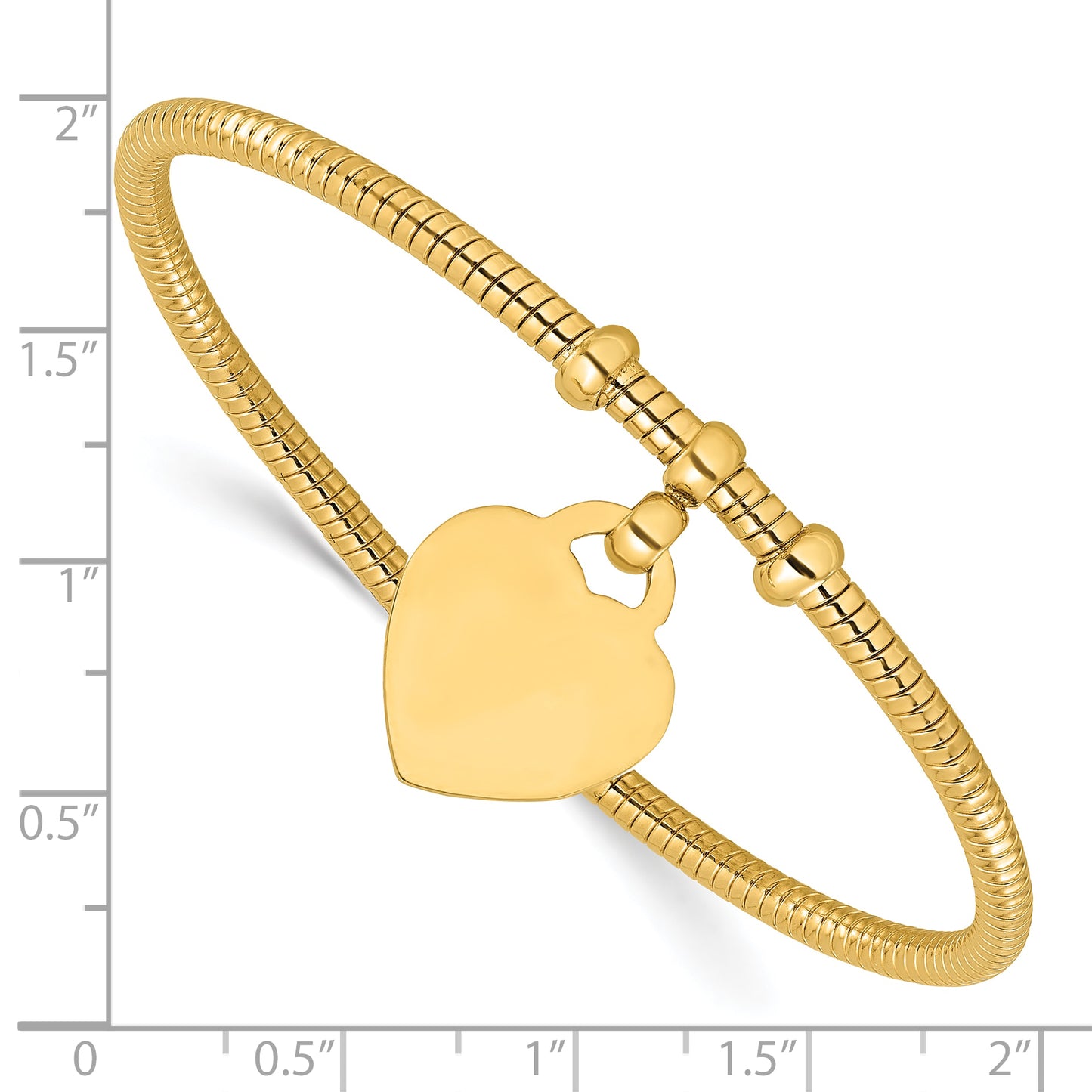 14K Polished and Textured Flexible Heart Dangle Bangle Bracelet