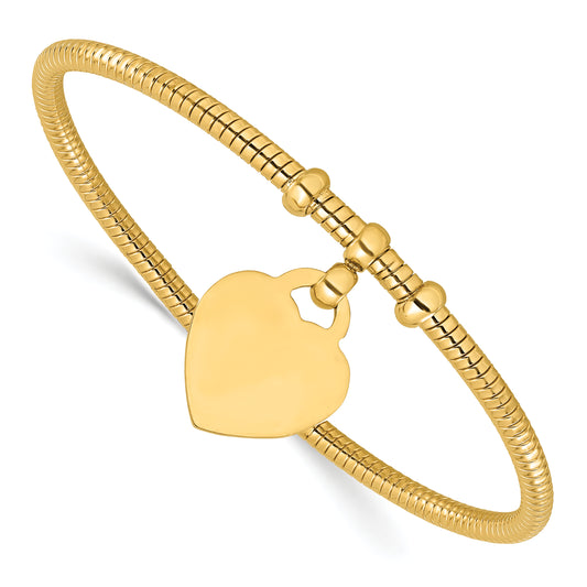14K Polished and Textured Flexible Heart Dangle Bangle Bracelet