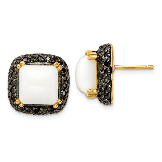 SS Gold-tone Blk Rhodium Simulated White Agate and Black CZ Earrings