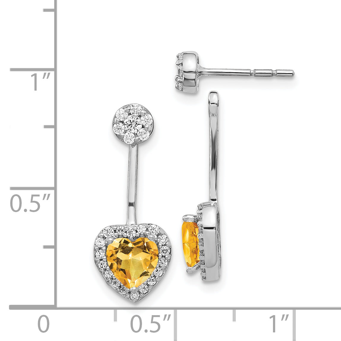 14k White Gold Diamond/Heart Citrine Front/Back Earrings