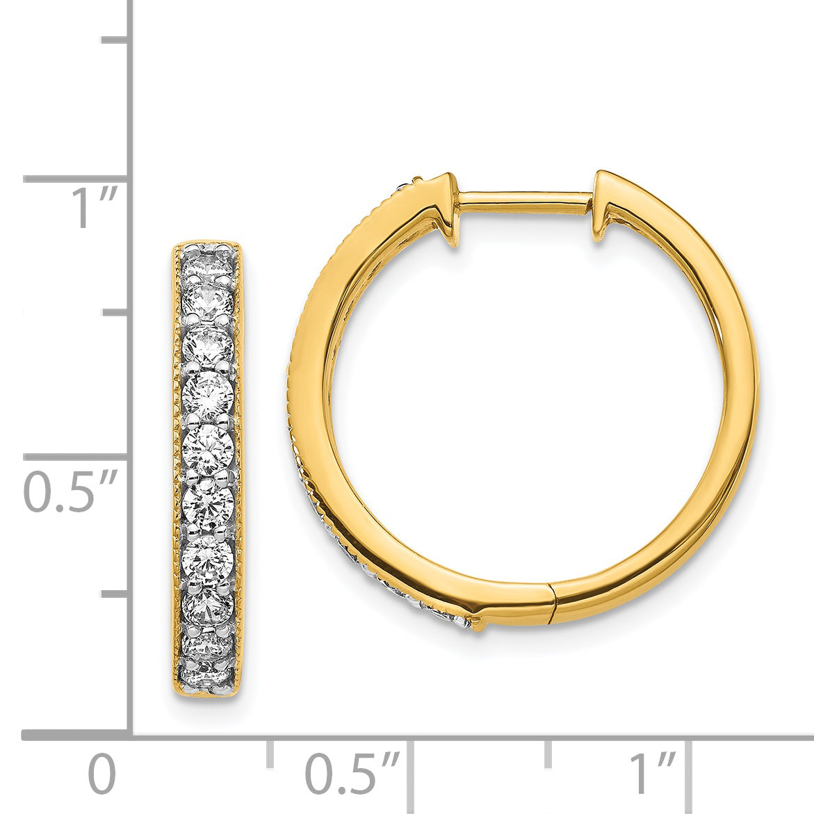 14 Karat Yellow Gold 1ct Diamond Milgrain Hinged 21mm Hinged Hoop Earrings
