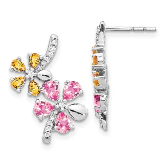 14k White Gold Diamond/Citrine/Pink Tourmaline Flower Earrings