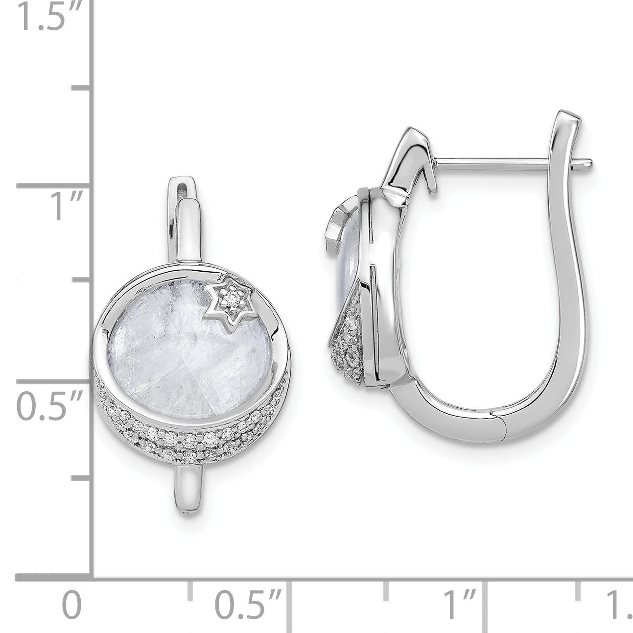 14k White Gold Dia. and Moonstone Moon and Star Hinged Hoop Earrings