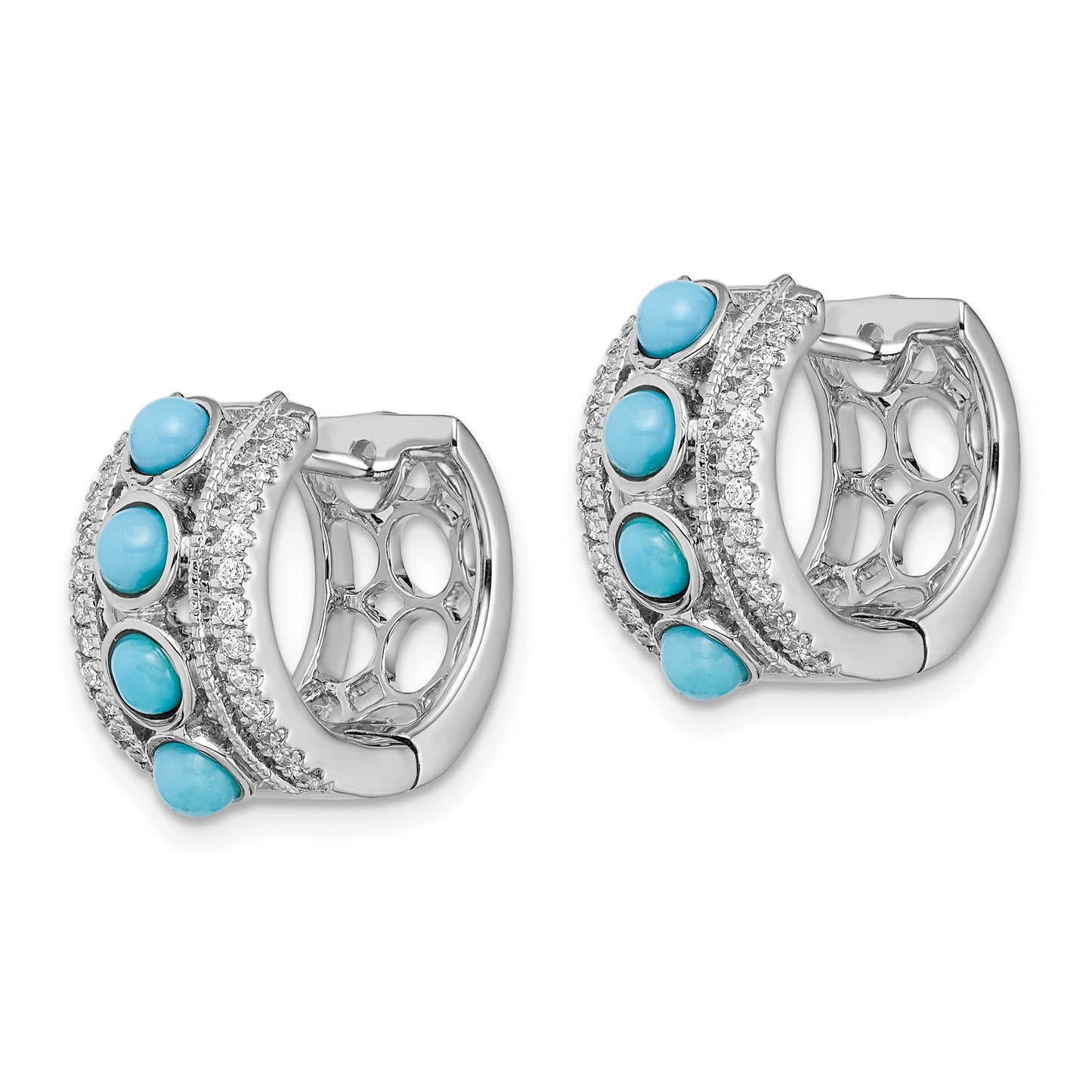 14k White Gold Turquoise and White Topaz Hinged Hoop Earrings