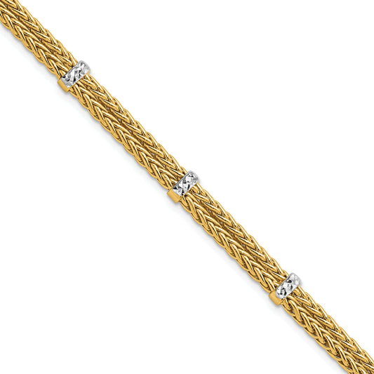 14K with Rhodium Polished Double Wheat Chain Bracelet