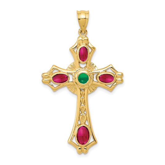 14K Ruby and Emerald Cabochon Cross Pendant