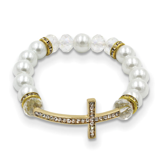 Gold-tone Clear Crystal Faceted Crystal and White Imitiation Pearl Beads Clear Crystal Cross Stretch Bracelet