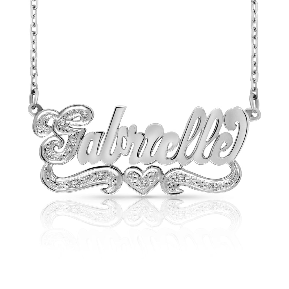 A Sample of the 14 Karat Script 3D Name Necklace with One Heart with the name Gabrielle in White