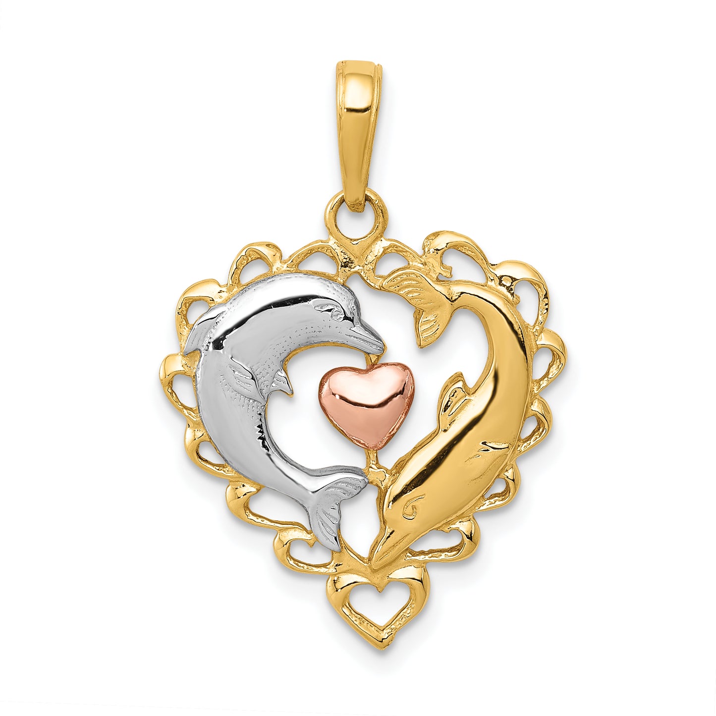 14K Two-Tone with White Rhodium Dolphins In Heart Pendant