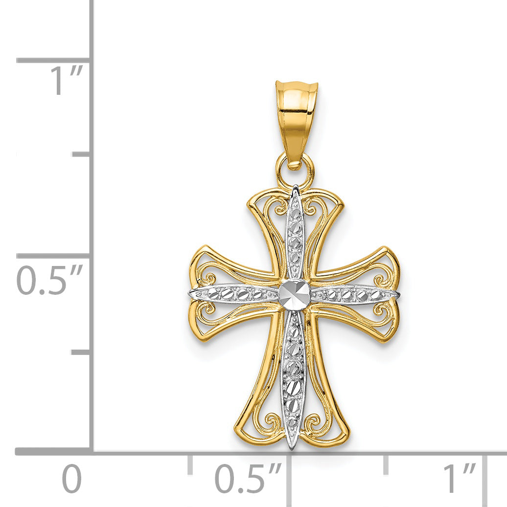 14k with Rhodium Diamond-cut Cross Pendant