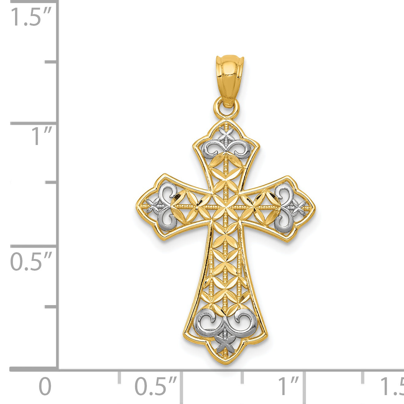 14k with Rhodium Polished D/C Filigree Cross Pendant